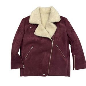 Zig Zag Faux Shearling Bomber Jacket Short Biker Zipper Jacket Leather Aviator